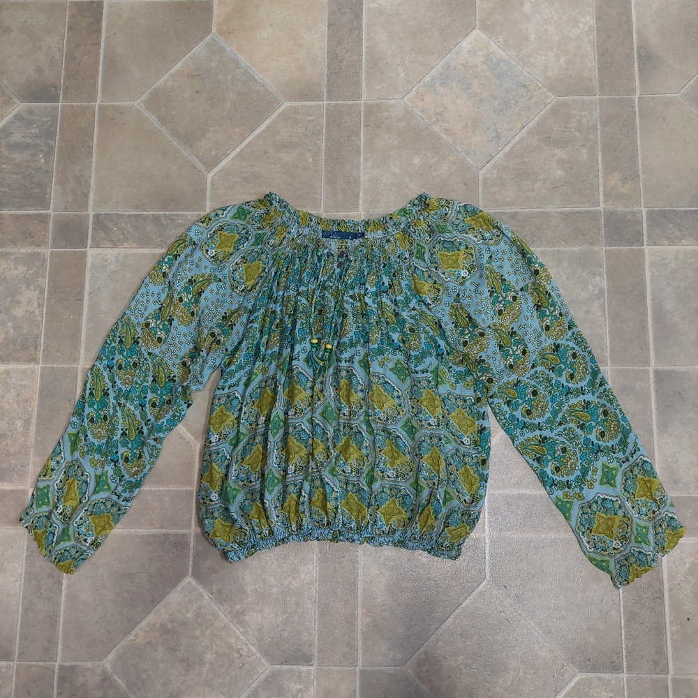 Prana Womens Long Sleeve Blue Green Boho Peasant Sheer Rayon Blouse Size Small